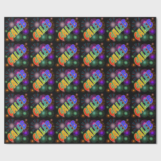 Papier Cadeau Prénom arc-en-ciel "CALEB" + feux d'artifice (Plat)