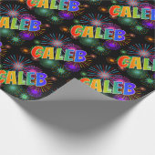 Papier Cadeau Prénom arc-en-ciel "CALEB" + feux d'artifice (Coin)