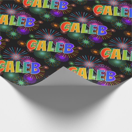 Papier Cadeau Prénom arc-en-ciel "CALEB" + feux d'artifice (Coin)