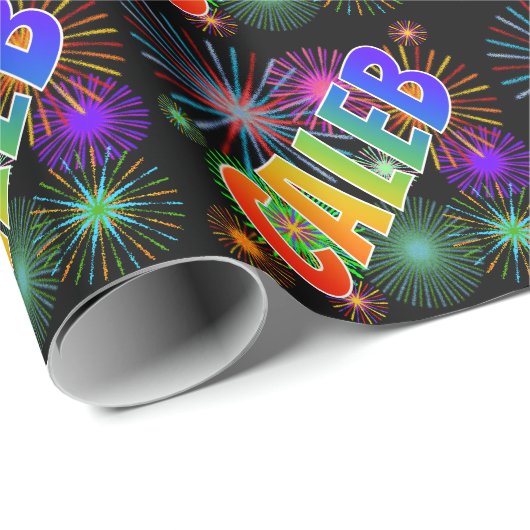 Papier Cadeau Prénom arc-en-ciel "CALEB" + feux d'artifice (Coin rond)