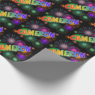 Papier Cadeau Prénom arc-en-ciel "CAMERON" + feux d'artifice