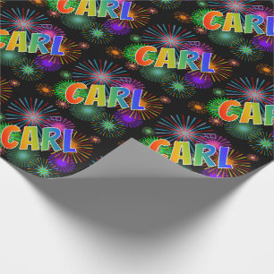 Papier Cadeau Prénom arc-en-ciel "CARL" + feux d'artifice