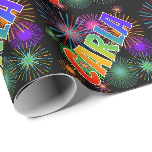 Papier Cadeau Prénom arc-en-ciel "CARLA" + feux d'artifice (Coin rond)