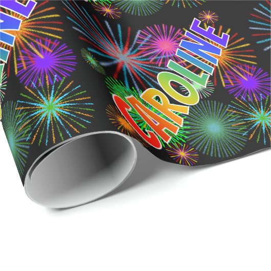 Papier Cadeau Prénom arc-en-ciel "CAROLINE" + Feu d'artifice (Coin rond)