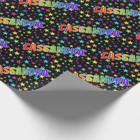 Papier Cadeau Prénom arc-en-ciel "CASSANDRA" + Étoiles (Coin)