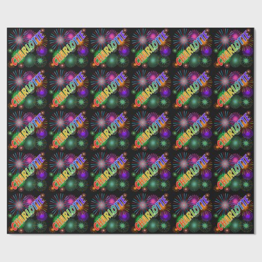 Papier Cadeau Prénom arc-en-ciel "CHARLOTTE" + Feu d'artifice (Plat)