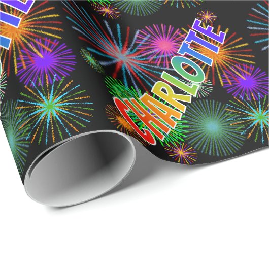 Papier Cadeau Prénom arc-en-ciel "CHARLOTTE" + Feu d'artifice (Coin rond)
