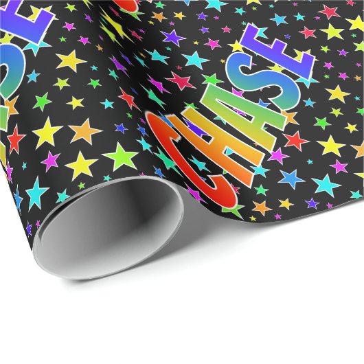 Papier Cadeau Prénom arc-en-ciel "CHASE" + étoiles (Coin rond)