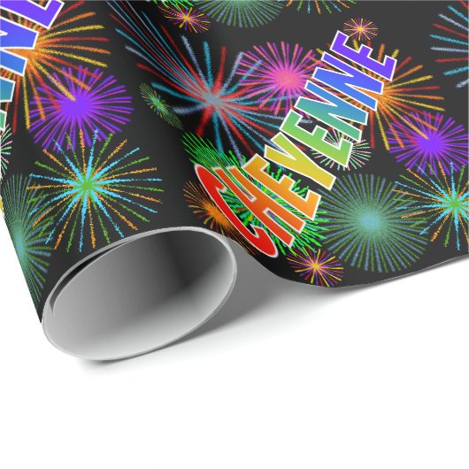 Papier Cadeau Prénom arc-en-ciel "CHEYENNE" + Feu d'artifice (Coin rond)