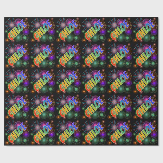Papier Cadeau Prénom arc-en-ciel "CHLOE" + Feu d'artifice (Plat)