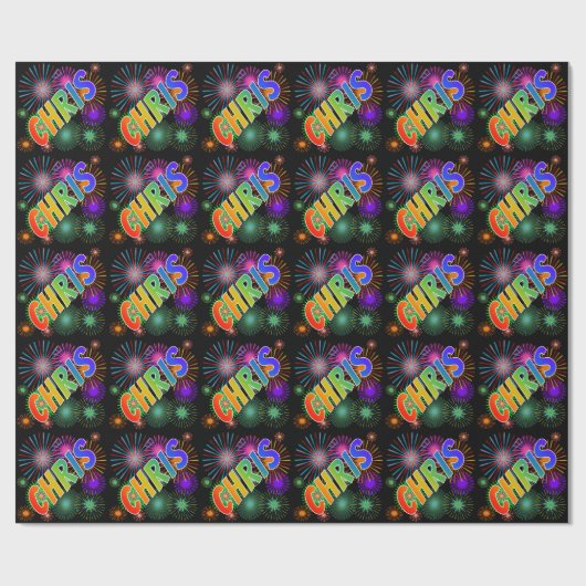 Papier Cadeau Prénom arc-en-ciel "CHRIS" + Feu d'artifice (Plat)