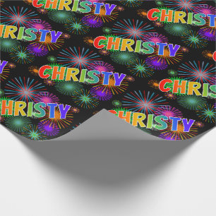 Papier Cadeau Prénom arc-en-ciel "CHRISTY" + Feux d'artifice