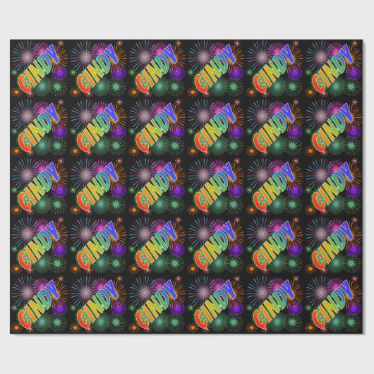 Papier Cadeau Prénom arc-en-ciel "CINDY" + Feu d'artifice (Plat)