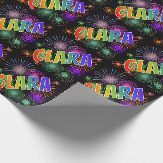 Papier Cadeau Prénom arc-en-ciel "CLARA" + Feu d'artifice (Coin)