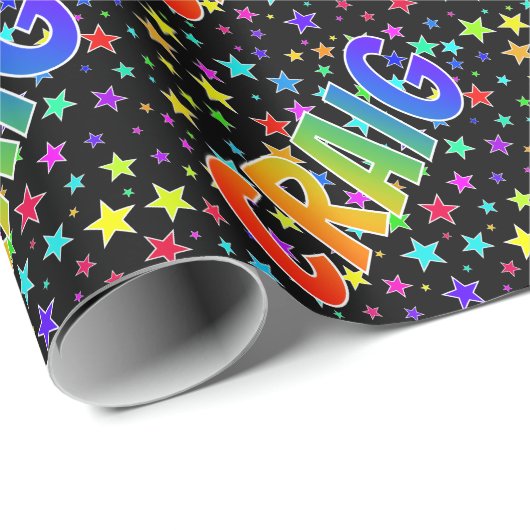 Papier Cadeau Prénom arc-en-ciel "CRAIG" + Étoiles (Coin rond)