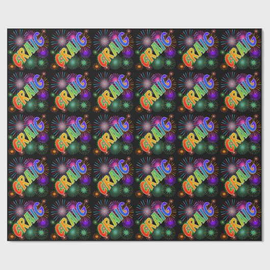 Papier Cadeau Prénom Arc-en-ciel "CRAIG" + Feu d'artifice (Plat)