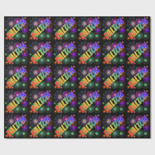 Papier Cadeau Prénom Arc-en-ciel "DALTON" + Feu d'artifice (Plat)