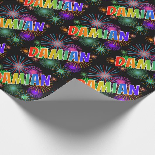 Papier Cadeau Prénom arc-en-ciel "DAMIAN" + Feu d'artifice (Coin)