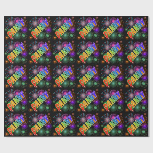 Papier Cadeau Prénom Arc-en-ciel "DANNY" + Feu d'artifice (Plat)