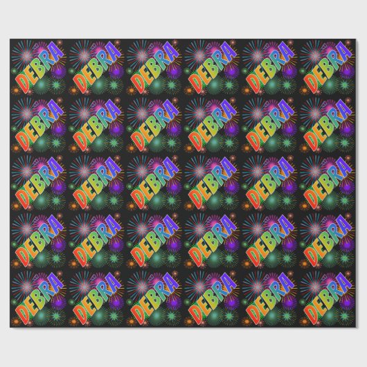 Papier Cadeau Prénom arc-en-ciel "DEBRA" + feux d'artifice (Plat)