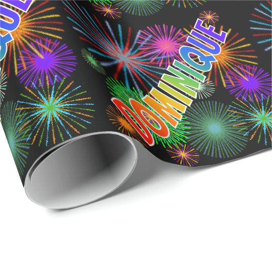 Papier Cadeau Prénom arc-en-ciel "DOMINIQUE" + Feu d'artifice (Coin rond)