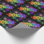 Papier Cadeau Prénom arc-en-ciel "DONNA" + feux d'artifice (Coin)