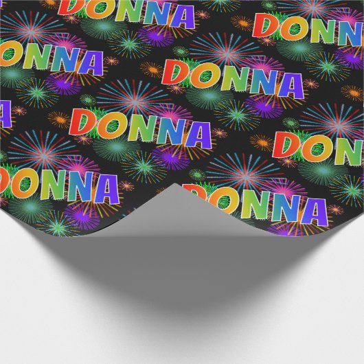 Papier Cadeau Prénom arc-en-ciel "DONNA" + feux d'artifice (Coin)