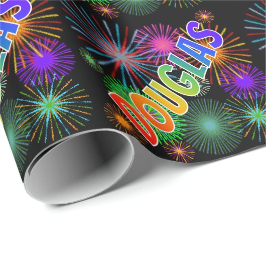 Papier Cadeau Prénom Arc-en-ciel "DOUGLAS" + Feu d'artifice (Coin rond)