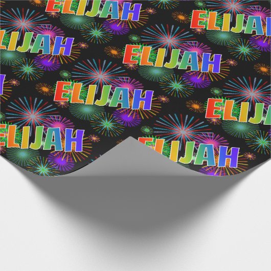 Papier Cadeau Prénom Arc-en-ciel "ELIJAH" + Feu d'artifice (Coin)