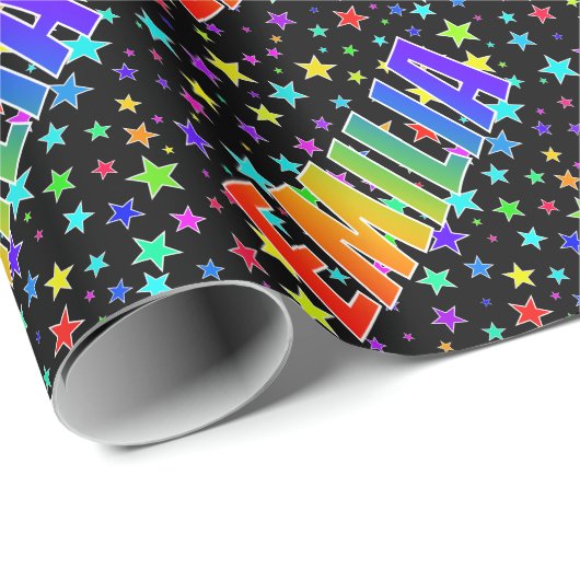 Papier Cadeau Prénom arc-en-ciel "EMILIA" + Étoiles (Coin rond)