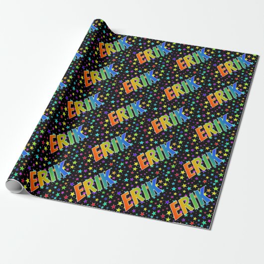 Papier Cadeau Prénom Arc-en-ciel "ERIK" + Étoiles (Déroulé)