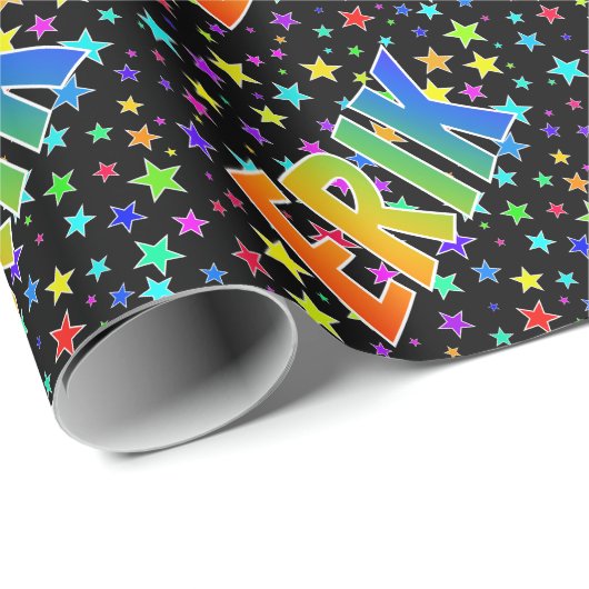 Papier Cadeau Prénom Arc-en-ciel "ERIK" + Étoiles (Coin rond)