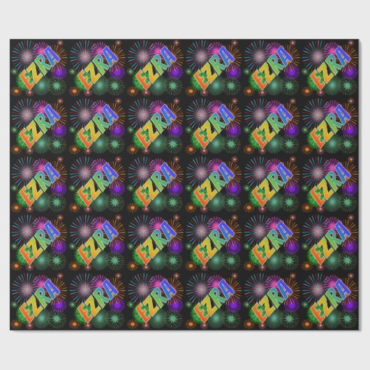 Papier Cadeau Prénom arc-en-ciel "EZRA" + Feu d'artifice (Plat)