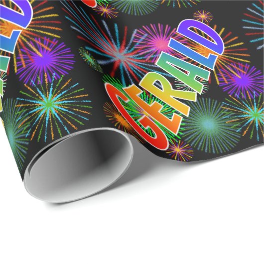 Papier Cadeau Prénom arc-en-ciel "GERALD" + Fireworks (Coin rond)