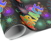 Papier Cadeau Prénom arc-en-ciel "GRACE" + Feu d'artifice (Coin rond)