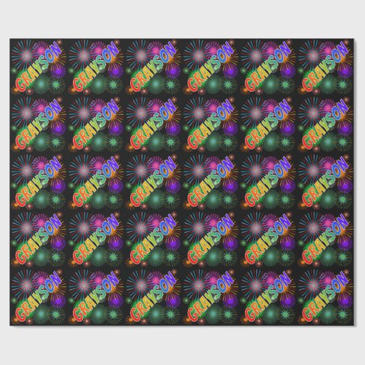 Papier Cadeau Prénom arc-en-ciel "GRAYSON" + feux d'artifice (Plat)