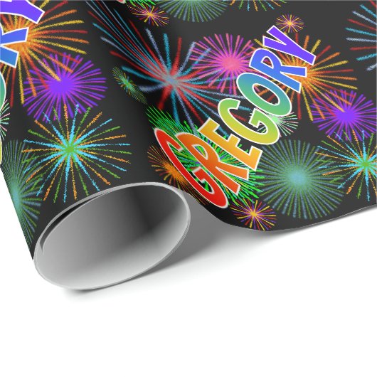 Papier Cadeau Prénom arc-en-ciel "GREGORY" + Feu d'artifice (Coin rond)