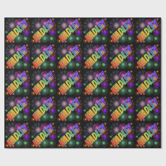 Papier Cadeau Prénom arc-en-ciel "HADLEY" + Feu d'artifice (Plat)
