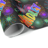 Papier Cadeau Prénom arc-en-ciel "HADLEY" + Feu d'artifice (Coin rond)