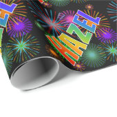 Papier Cadeau Prénom Arc-en-ciel "HAZEL" + Feu d'artifice (Coin rond)