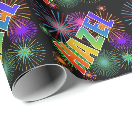 Papier Cadeau Prénom Arc-en-ciel "HAZEL" + Feu d'artifice (Coin rond)