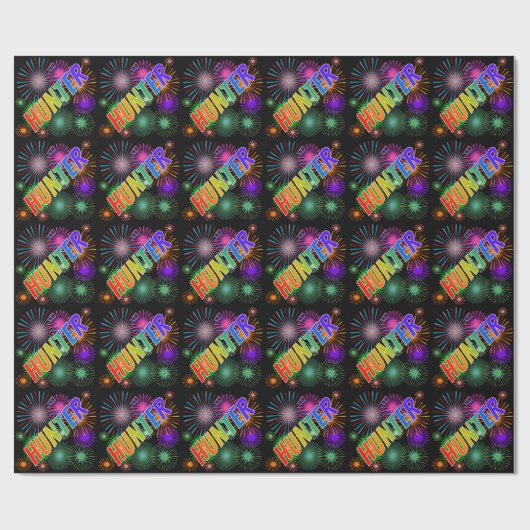 Papier Cadeau Prénom arc-en-ciel "HUNTER" + Feu d'artifice (Plat)
