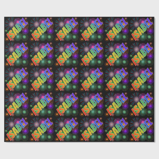 Papier Cadeau Prénom arc-en-ciel "ISABEL" + feux d'artifice (Plat)