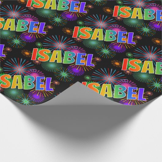 Papier Cadeau Prénom arc-en-ciel "ISABEL" + feux d'artifice (Coin)