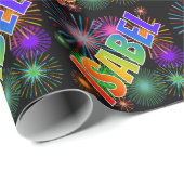 Papier Cadeau Prénom arc-en-ciel "ISABEL" + feux d'artifice (Coin rond)