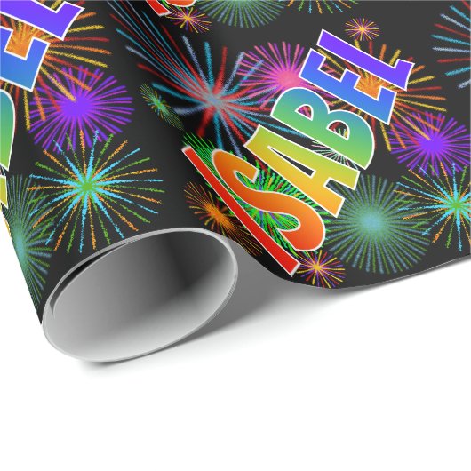Papier Cadeau Prénom arc-en-ciel "ISABEL" + feux d'artifice (Coin rond)
