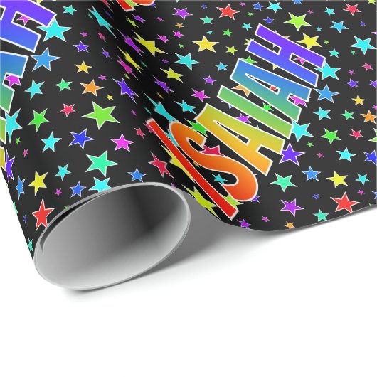 Papier Cadeau Prénom arc-en-ciel "ISAIAH" + Stars (Coin rond)