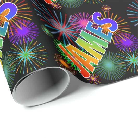 Papier Cadeau Prénom arc-en-ciel "JAMES" + Feu d'artifice (Coin rond)