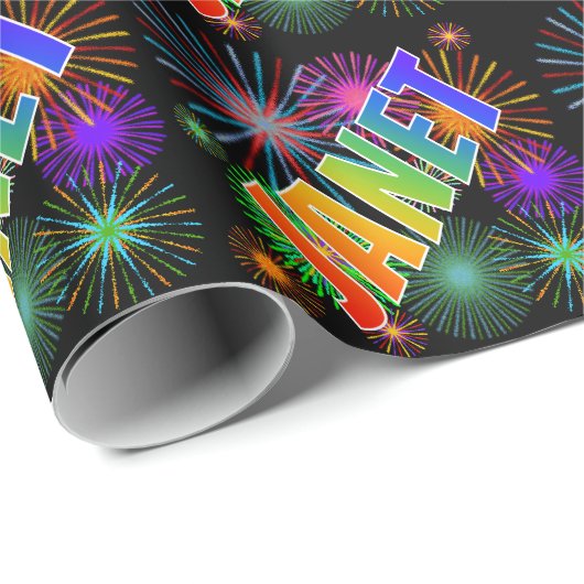 Papier Cadeau Prénom Arc-en-ciel "JANET" + Feu d'artifice (Coin rond)
