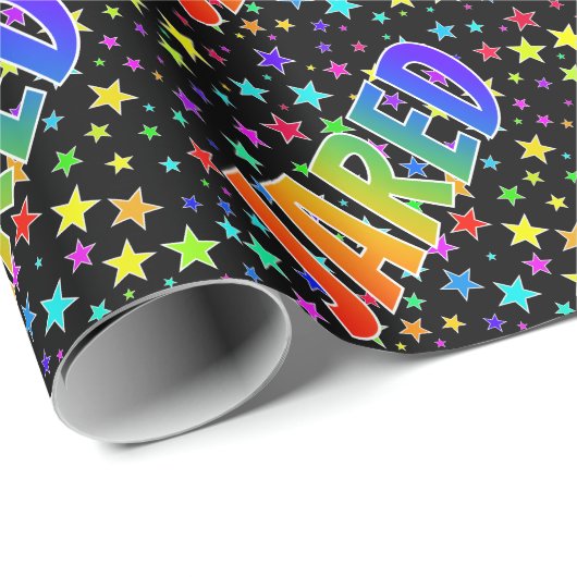 Papier Cadeau Prénom arc-en-ciel "JARED" + Stars (Coin rond)